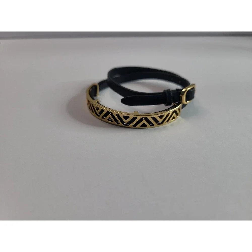 Black Faux Leather Wrap Bracelet Gold Tone Geometric Bar and Crescent Charm